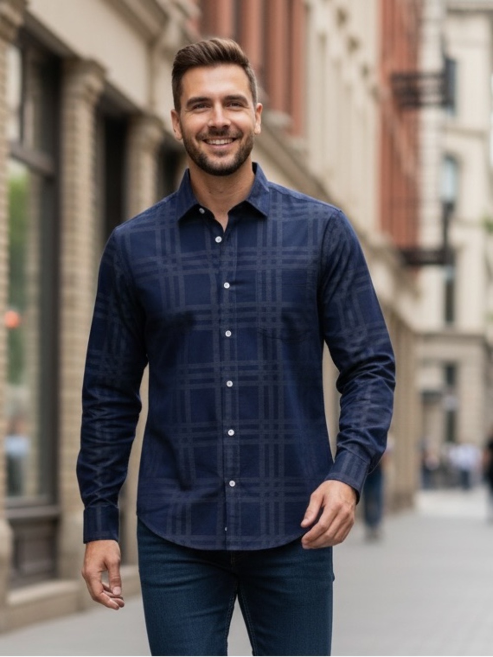 Hayati Navy Plaid Button-Down Shirt - Classic Long Sleeve